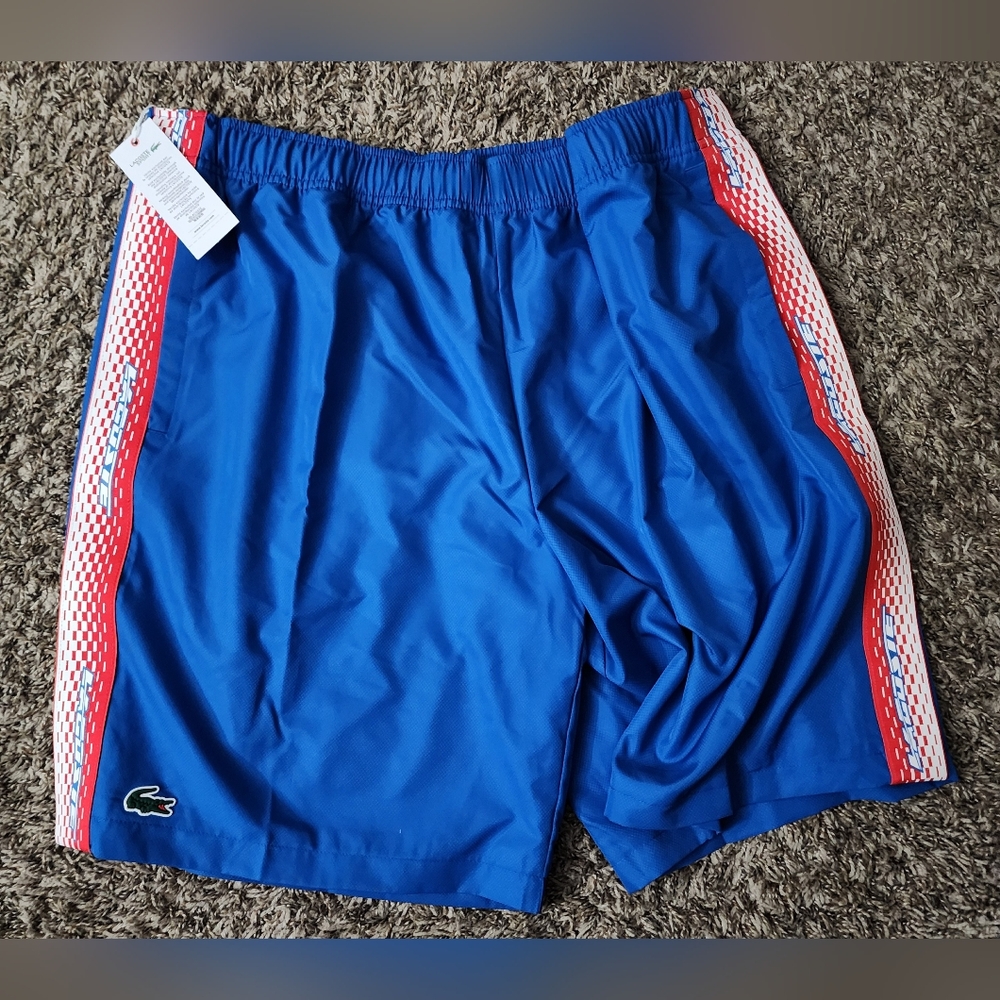 NWT Lacoste Sport Blue Logo Striped Diamante Shorts XL